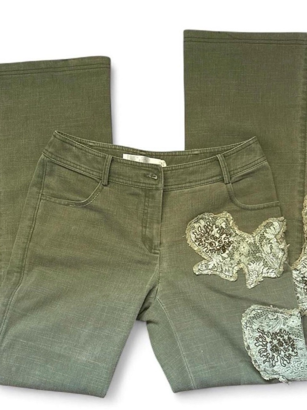 Ada Olive Green Wide Leg Jeans with Lace Appliqué